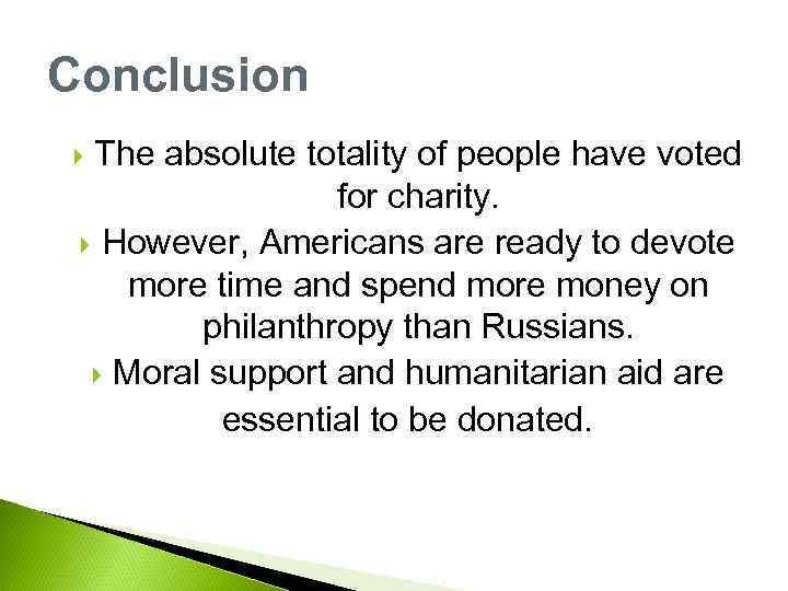 Conclusion The absolute totality of people have voted for charity. However, Americans are ready