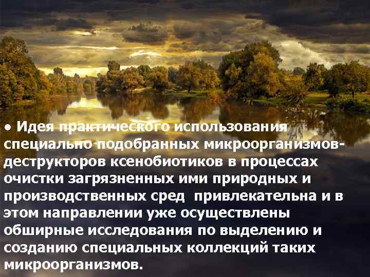 ● Идея практического использования специально подобранных микроорганизмовдеструкторов ксенобиотиков в процессах очистки загрязненных ими природных