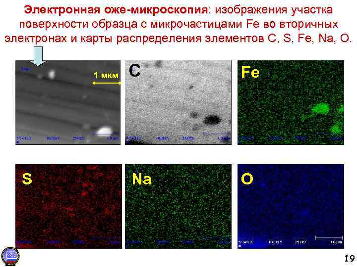 Электронная оже-микроскопия: изображения участка поверхности образца с микрочастицами Fe во вторичных электронах и карты