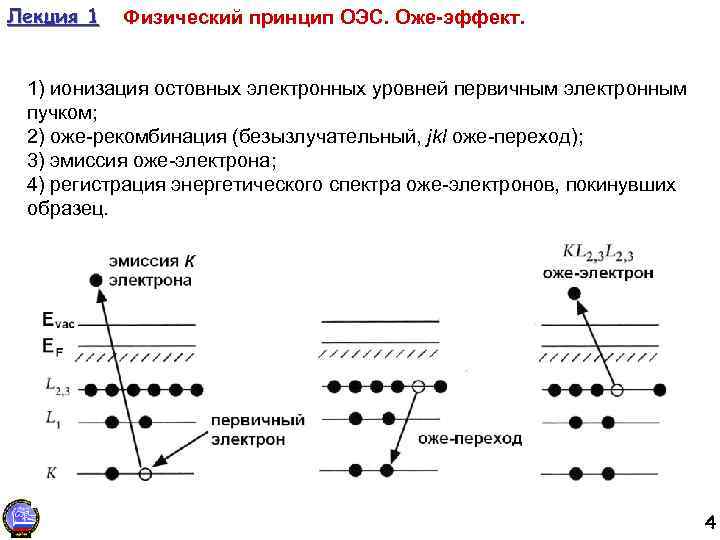 Лекция 1 Физический принцип ОЭС. Оже-эффект. 1) ионизация остовных электронных уровней первичным электронным пучком;