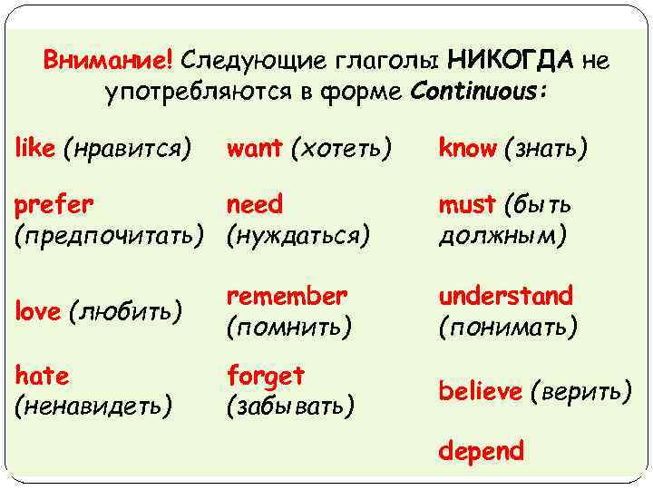 Внимание! Следующие глаголы НИКОГДА не употребляются в форме Continuous: like (нравится) want (хотеть) prefer