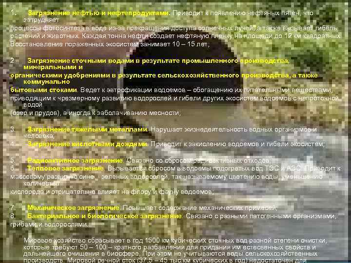 1. Загрязнение нефтью и нефтепродуктами. Приводит к появлению нефтяных пятен, что затрудняет процессы фотосинтеза