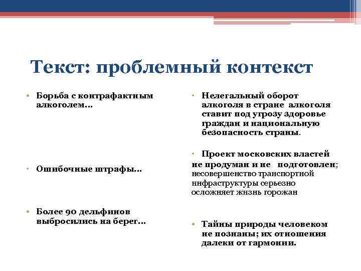  Текст: проблемный контекст • Борьба с контрафактным алкоголем… • Ошибочные штрафы… • Более