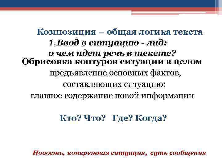 Композиция – общая логика текста 1. Ввод в ситуацию - лид: о чем идет