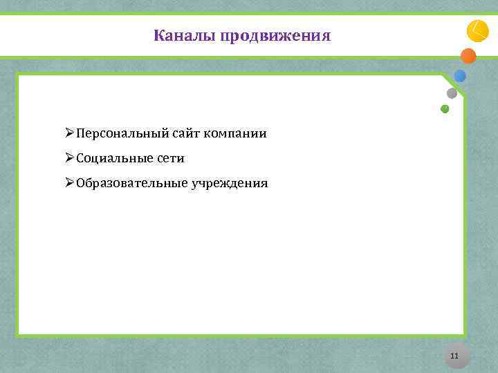 Каналы продвижения ØПерсональный сайт компании ØСоциальные сети ØОбразовательные учреждения 11 