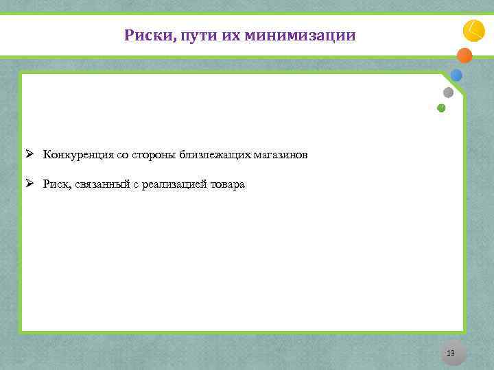 Риски, пути их минимизации Ø Конкуренция со стороны близлежащих магазинов Ø Риск, связанный с