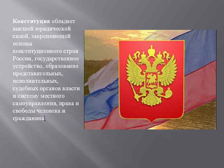 Конституция обладает высшей юридической силой, закрепляющей основы конституционного строя России, государственное устройство, образование представительных,