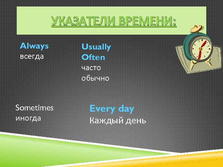 УКАЗАТЕЛИ ВРЕМЕНИ: Always всегда Sometimes иногда Usually Often часто обычно Every day Каждый день