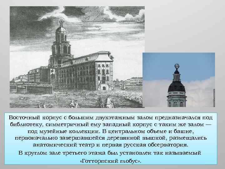 Восточный корпус с большим двухэтажным залом предназначался под библиотеку, симметричный ему западный корпус с