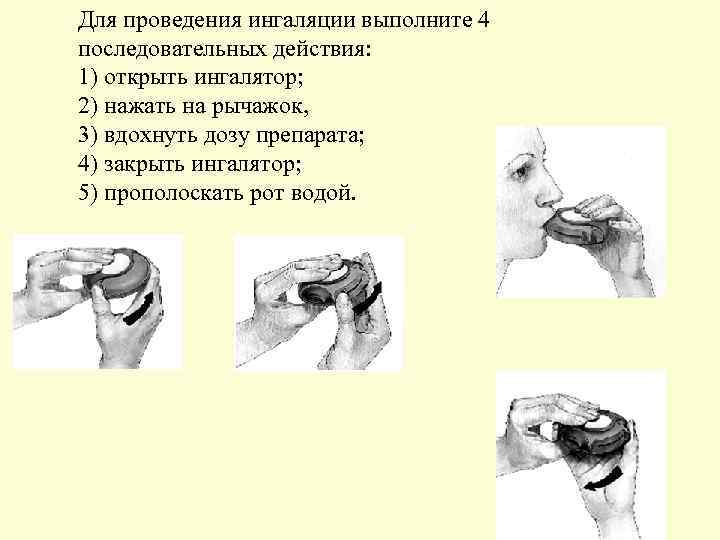 Для проведения ингаляции выполните 4 последовательных действия: 1) открыть ингалятор; 2) нажать на рычажок,