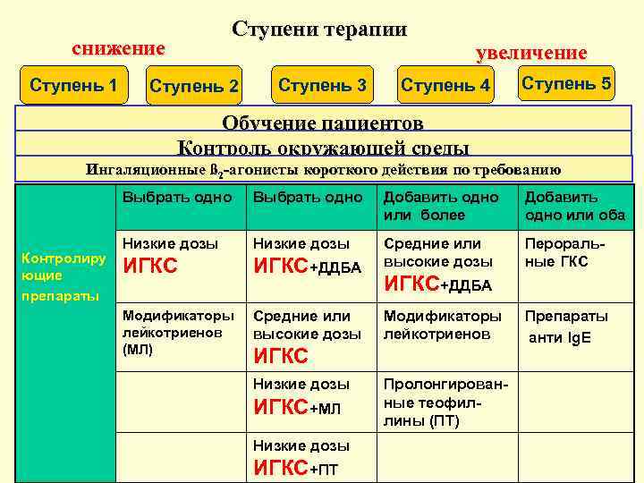 Ступени терапии снижение Ступень 1 Ступень 2 Ступень 3 увеличение Ступень 4 Ступень 5