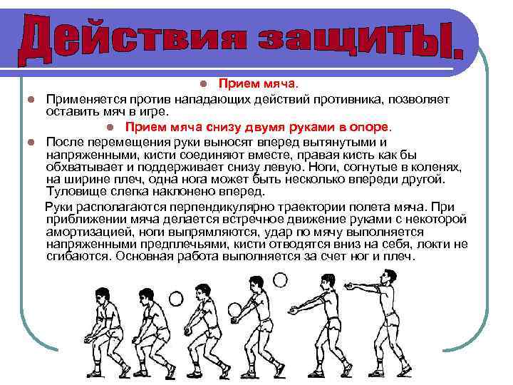 Прием мяча. l Применяется против нападающих действий противника, позволяет оставить мяч в игре. l