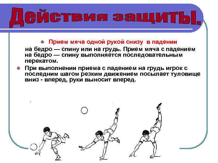 Прием мяча одной рукой снизу в падении на бедро — спину или на грудь.