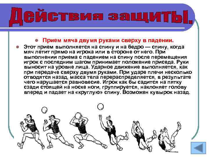 l l Прием мяча двумя руками сверху в падении. Этот прием выполняется на спину