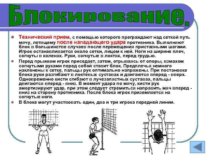 l l l Технический прием, с помощью которого преграждают над сеткой путь мячу, летящему