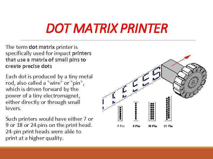 DOT MATRIX PRINTER The term dot matrix printer is specifically used for impact printers