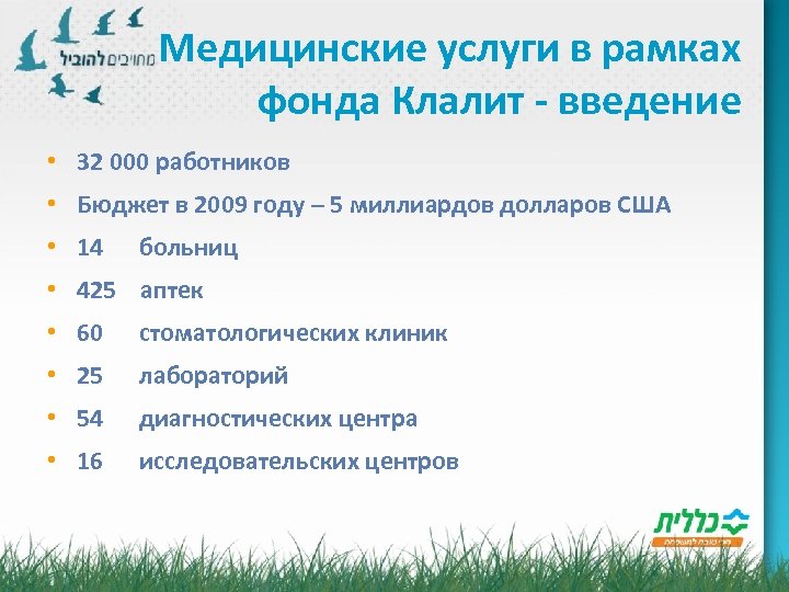 Медицинские услуги в рамках фонда Клалит - введение • 32 000 работников • Бюджет