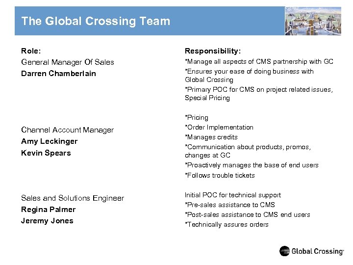 The Global Crossing Team Role: General Manager Of Sales Darren Chamberlain Channel Account Manager