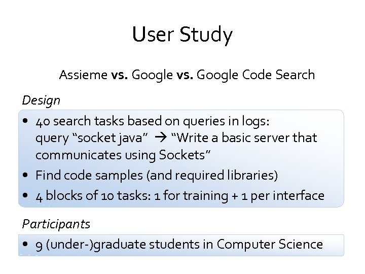 User Study Assieme vs. Google Code Search Design • 40 search tasks based on