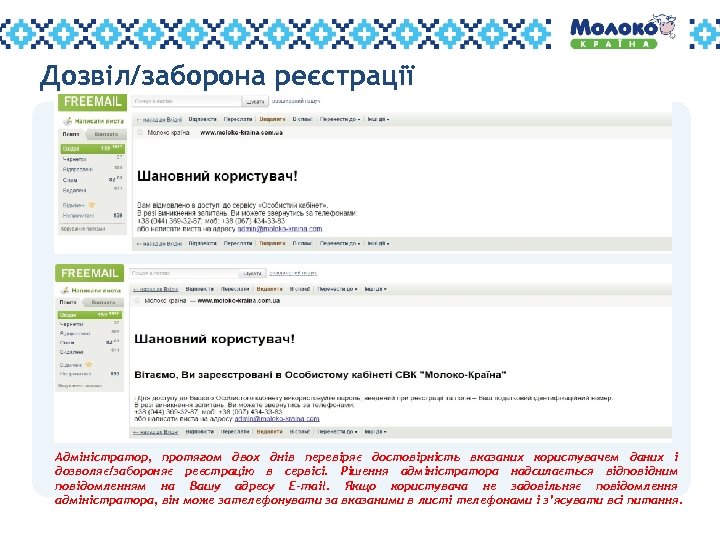 Дозвіл/заборона реєстрації Адміністратор, протягом двох днів перевіряє достовірність вказаних користувачем даних і дозволяє/забороняє реєстрацію