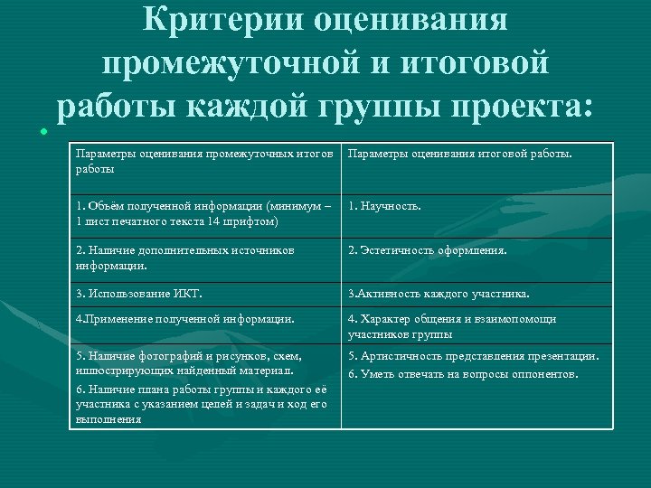  • Критерии оценивания промежуточной и итоговой работы каждой группы проекта: Параметры оценивания промежуточных