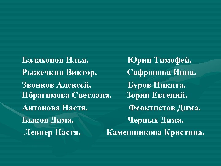 Балахонов Илья. Юрин Тимофей. Рыжечкин Виктор. Сафронова Инна. Звонков Алексей. Буров Никита. Ибрагимова Светлана.