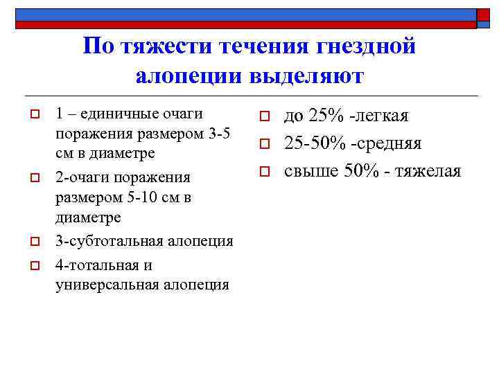По тяжести течения гнездной алопеции выделяют o o 1 – единичные очаги поражения размером