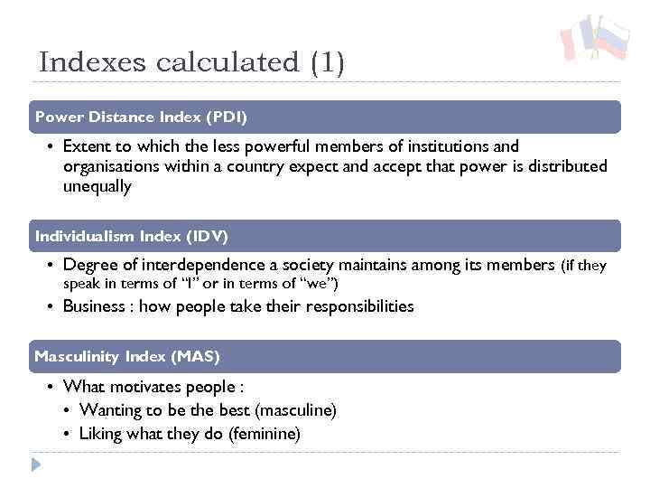 Indexes calculated (1) Power Distance Index (PDI) • Extent to which the less powerful