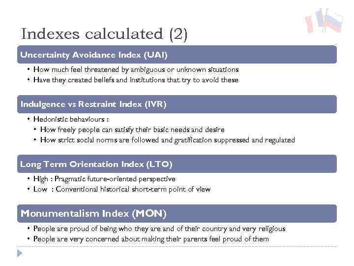 Indexes calculated (2) Uncertainty Avoidance Index (UAI) • How much feel threatened by ambiguous