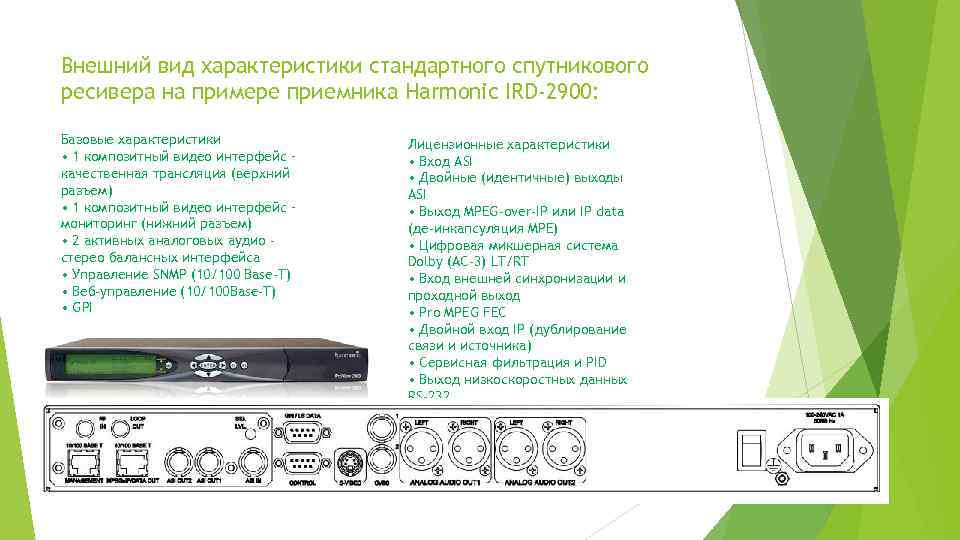 Внешний вид характеристики стандартного спутникового ресивера на примере приемника Harmonic IRD-2900: Базовые характеристики •