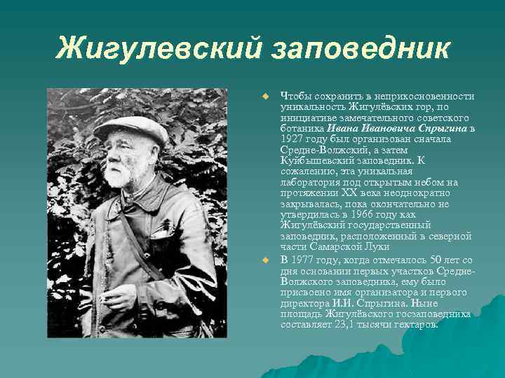 Жигулевский заповедник u u Чтобы сохранить в неприкосновенности уникальность Жигулёвских гор, по инициативе замечательного