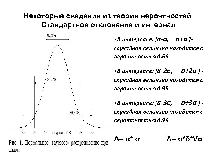 Некоторые сведения из теории вероятностей. Стандартное отклонение и интервал • В интервале: [a-σ, a+σ