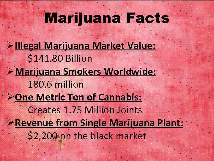 Marijuana Facts ØIllegal Marijuana Market Value: $141. 80 Billion ØMarijuana Smokers Worldwide: 180. 6