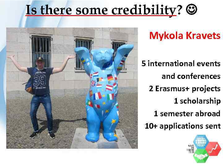 Is there some credibility? Mykola Kravets 5 international events and conferences 2 Erasmus+ projects