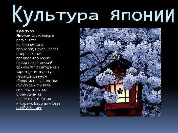 Культура Японии сложилась в результате исторического процесса, начавшегося с переселения предков японского народа на