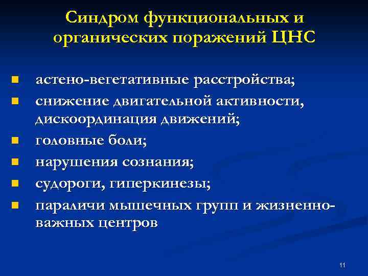 Синдром функциональных и органических поражений ЦНС n n n астено-вегетативные расстройства; снижение двигательной активности,