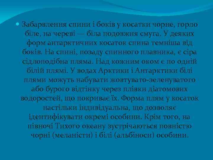  Забарвлення спини і боків у косатки чорне, горло біле, на череві — біла