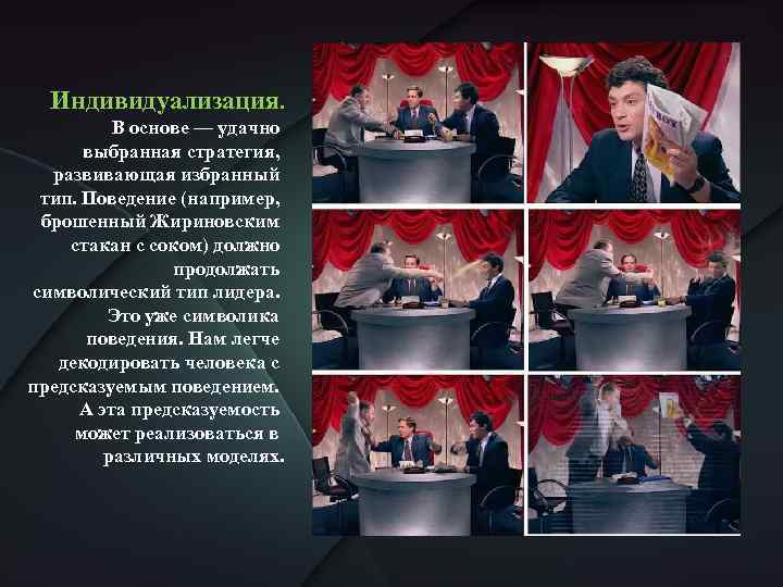 Индивидуализация. В основе — удачно выбранная стратегия, развивающая избранный тип. Поведение (например, брошенный Жириновским