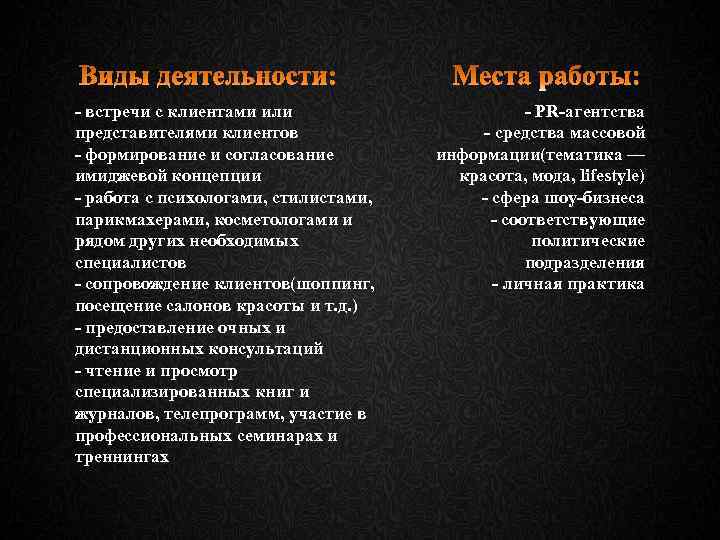 - встречи с клиентами или представителями клиентов - формирование и согласование имиджевой концепции -