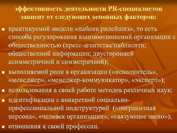 эффективность деятельности PR-специалистов зависит от следующих основных факторов: n n n практикуемой модели «паблик