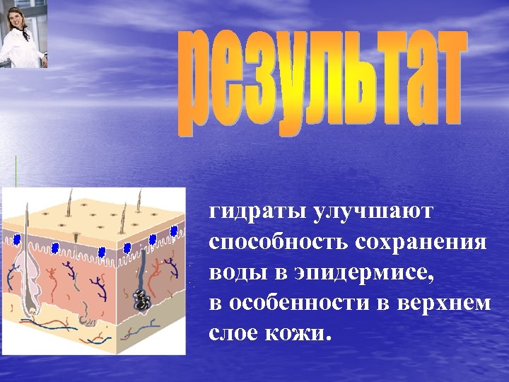 гидраты улучшают способность сохранения воды в эпидермисе, в особенности в верхнем слое кожи. 