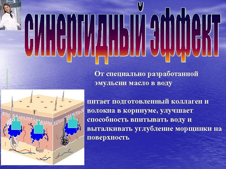 От специально разработанной эмульсии масло в воду питает подготовленный коллаген и волокна в корниуме,