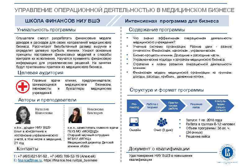 УПРАВЛЕНИЕ ОПЕРАЦИОННОЙ ДЕЯТЕЛЬНОСТЬЮ В МЕДИЦИНСКОМ БИЗНЕСЕ ШКОЛА ФИНАНСОВ НИУ ВШЭ Интенсивная программа для бизнеса