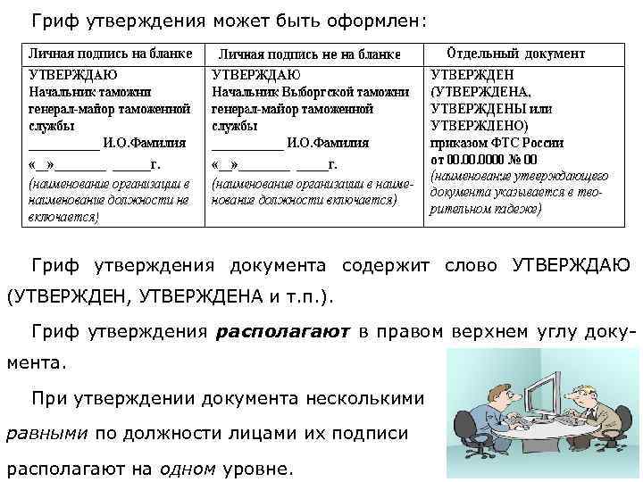 Гриф утверждения может быть оформлен: Гриф утверждения документа содержит слово УТВЕРЖДАЮ (УТВЕРЖДЕН, УТВЕРЖДЕНА и