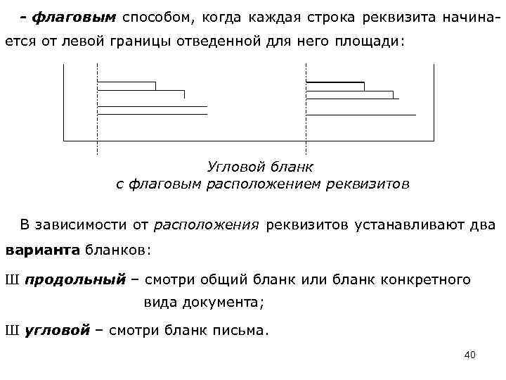 - флаговым способом, когда каждая строка реквизита начинается от левой границы отведенной для него