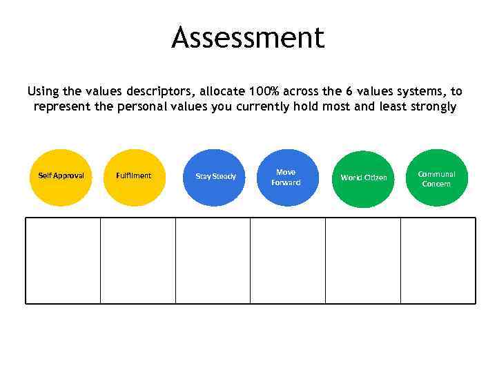 Assessment Using the values descriptors, allocate 100% across the 6 values systems, to represent