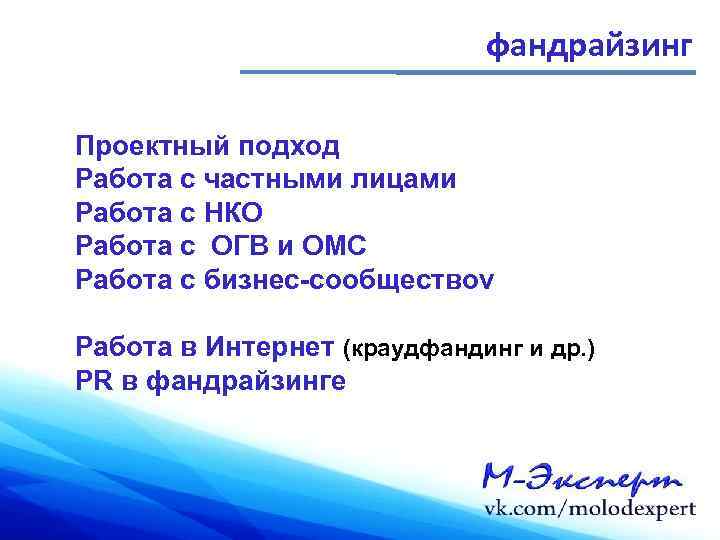 фандрайзинг Проектный подход Работа с частными лицами Работа с НКО Работа с ОГВ и