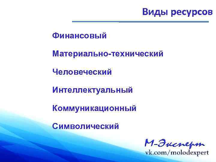 Виды ресурсов Финансовый Материально-технический Человеческий Интеллектуальный Коммуникационный Символический 