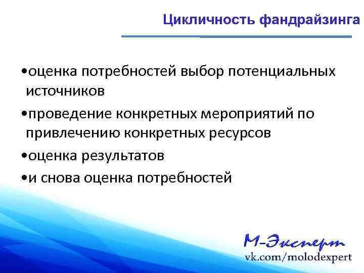 Цикличность фандрайзинга • оценка потребностей выбор потенциальных источников • проведение конкретных мероприятий по привлечению