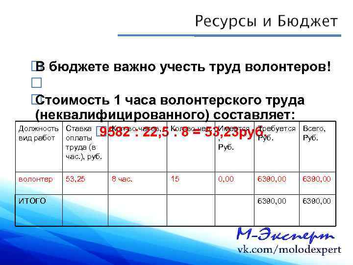  бюджете важно учесть труд волонтеров! В Стоимость 1 часа волонтерского труда (неквалифицированного) составляет: